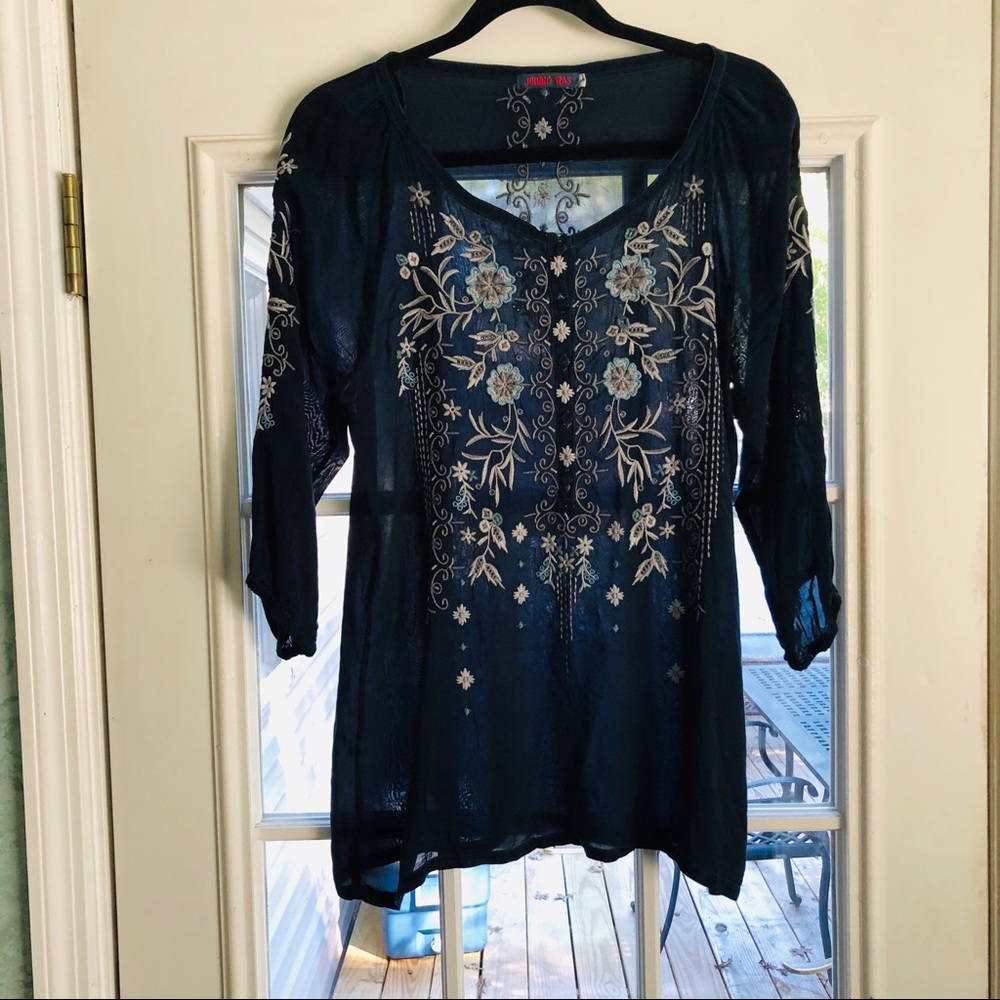Johnny Was Navy Blue Embroidered Top